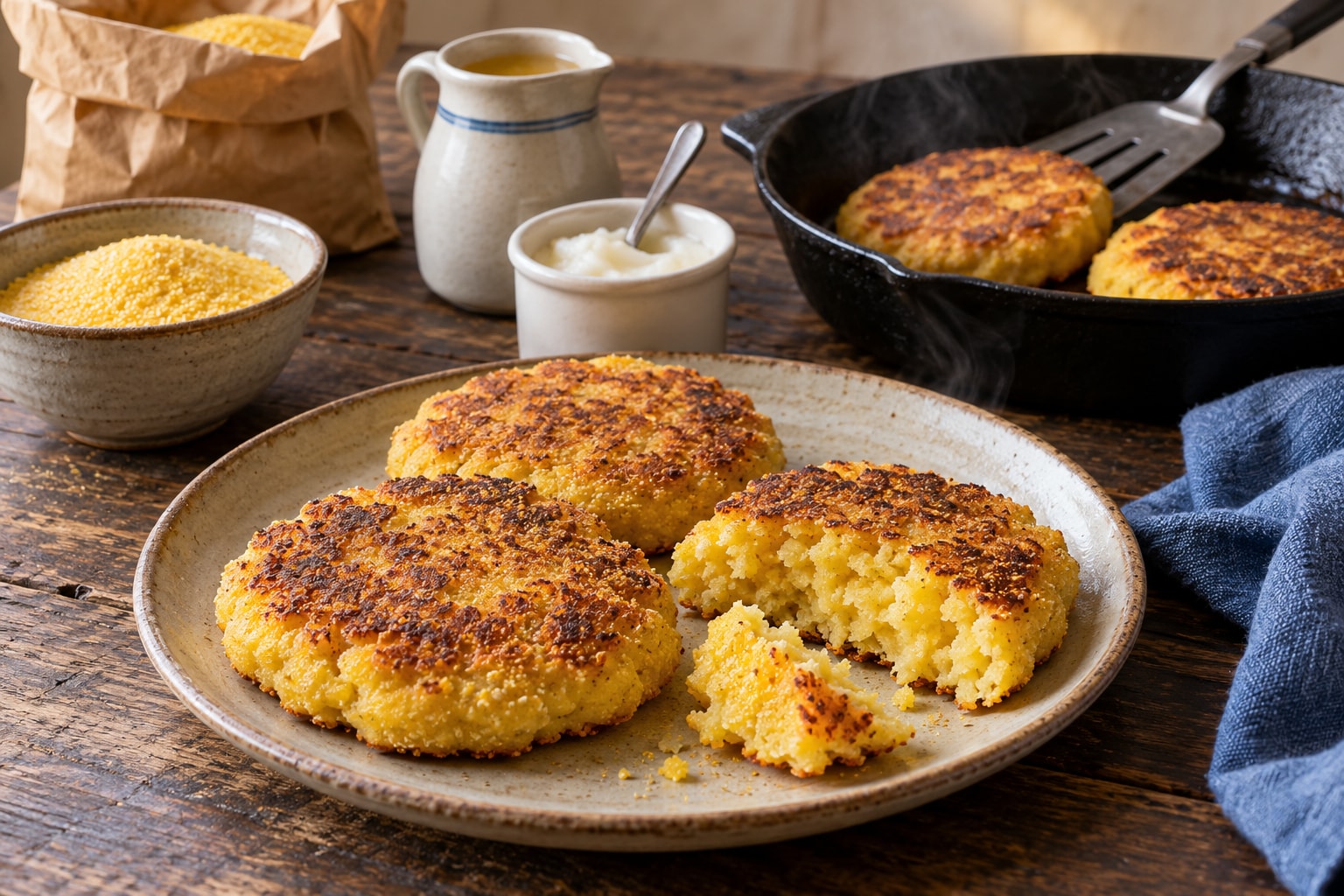 Golden cornmeal ash cakes in a cast-iron skillet