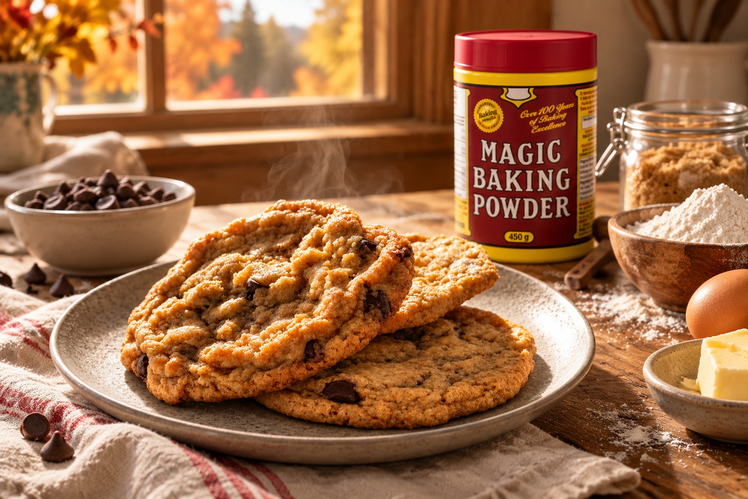 Warm chocolate chip cookies on a rustic autumn kitchen table with baking ingredients and a Magic Baking Powder tin