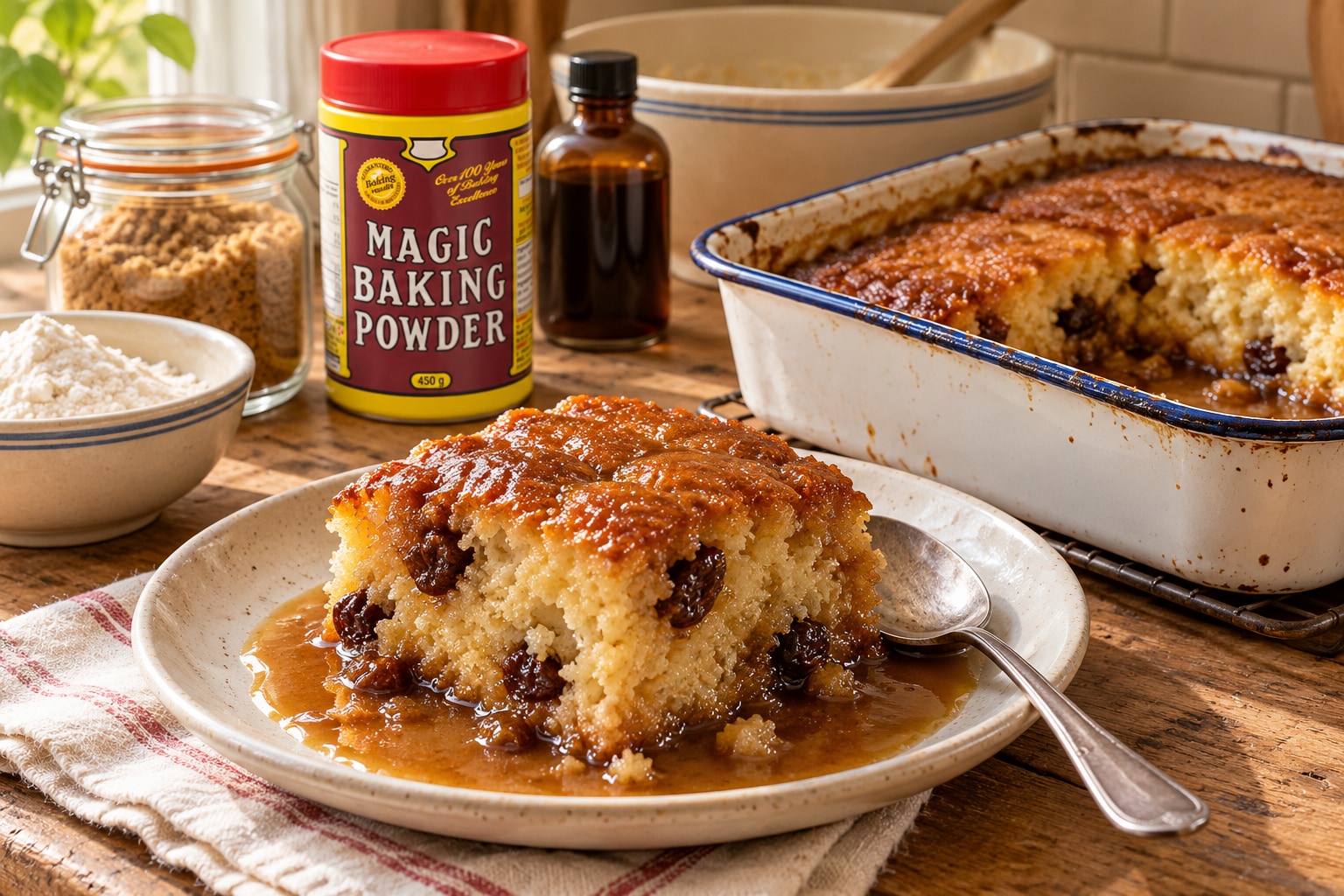 Golden sponge pudding with brown sugar sauce and raisins