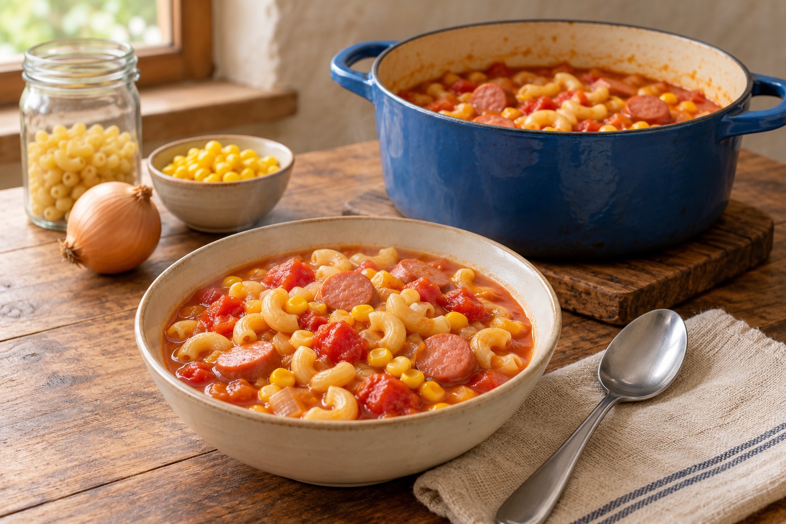 Hoover stew with macaroni, tomatoes, hot dogs, and corn in a cooking pot