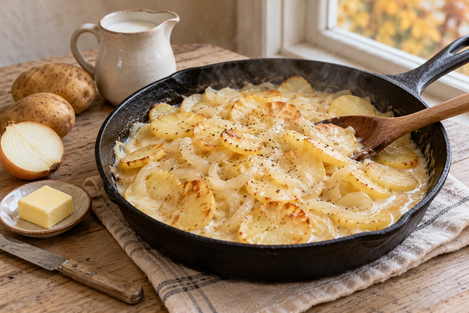 Sliced potatoes and onions in a creamy milk sauce in a skillet