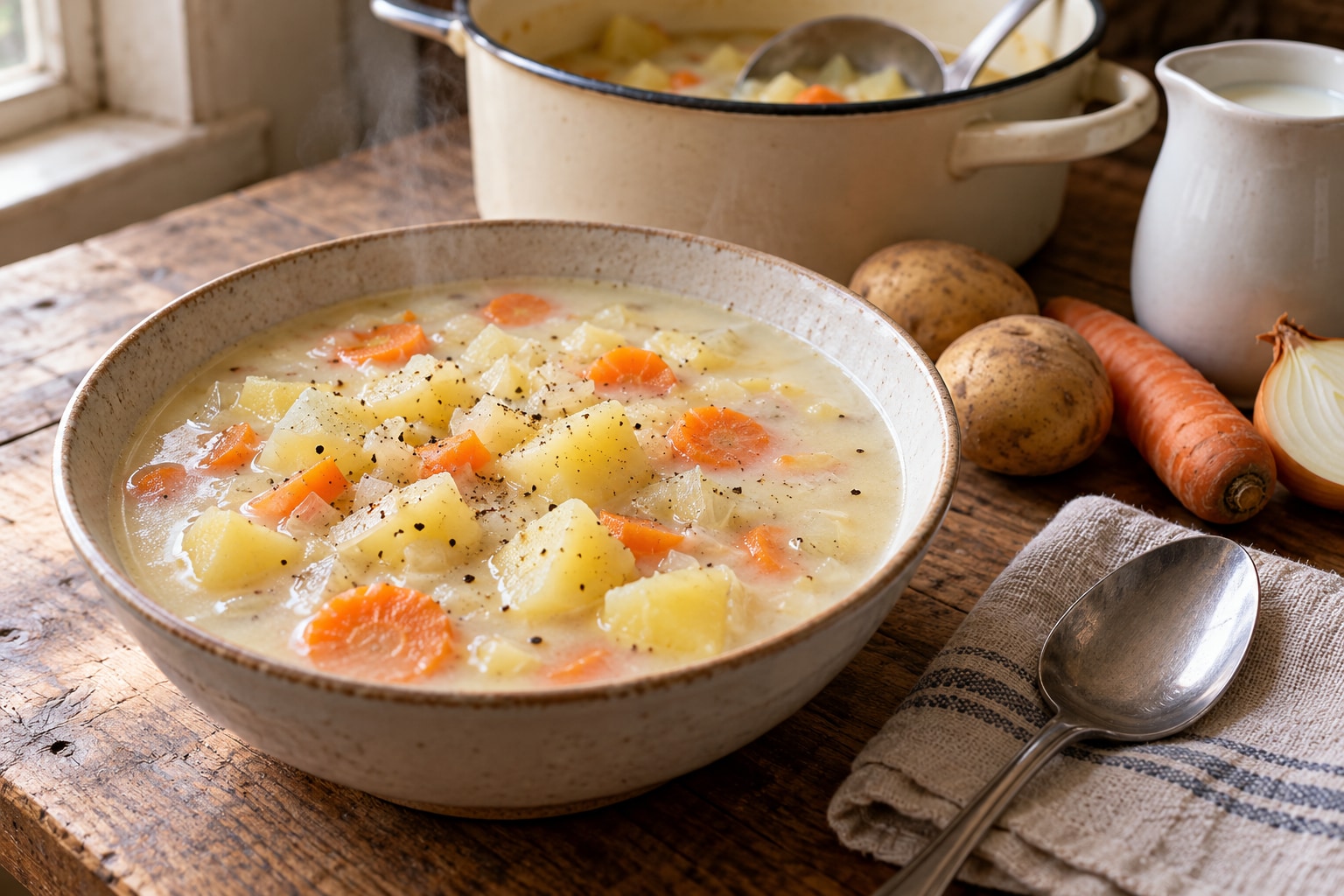 Creamy potato soup with potatoes, carrots, and onion in milk broth