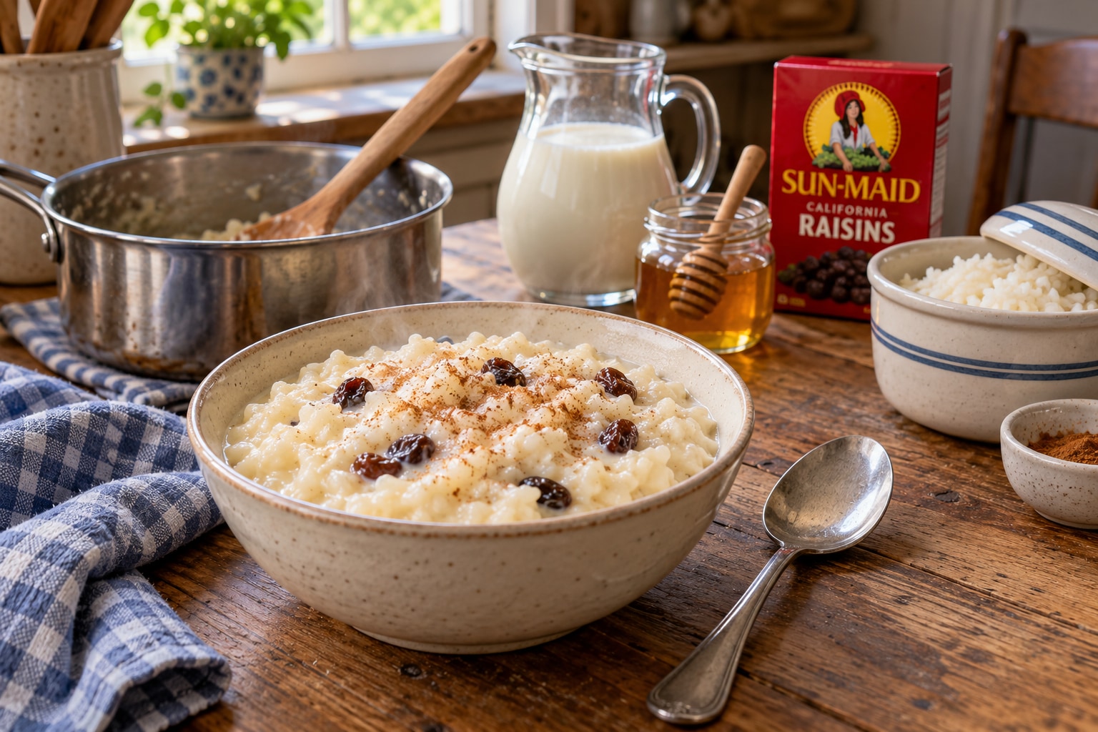 Creamy rice pudding with cinnamon and raisins