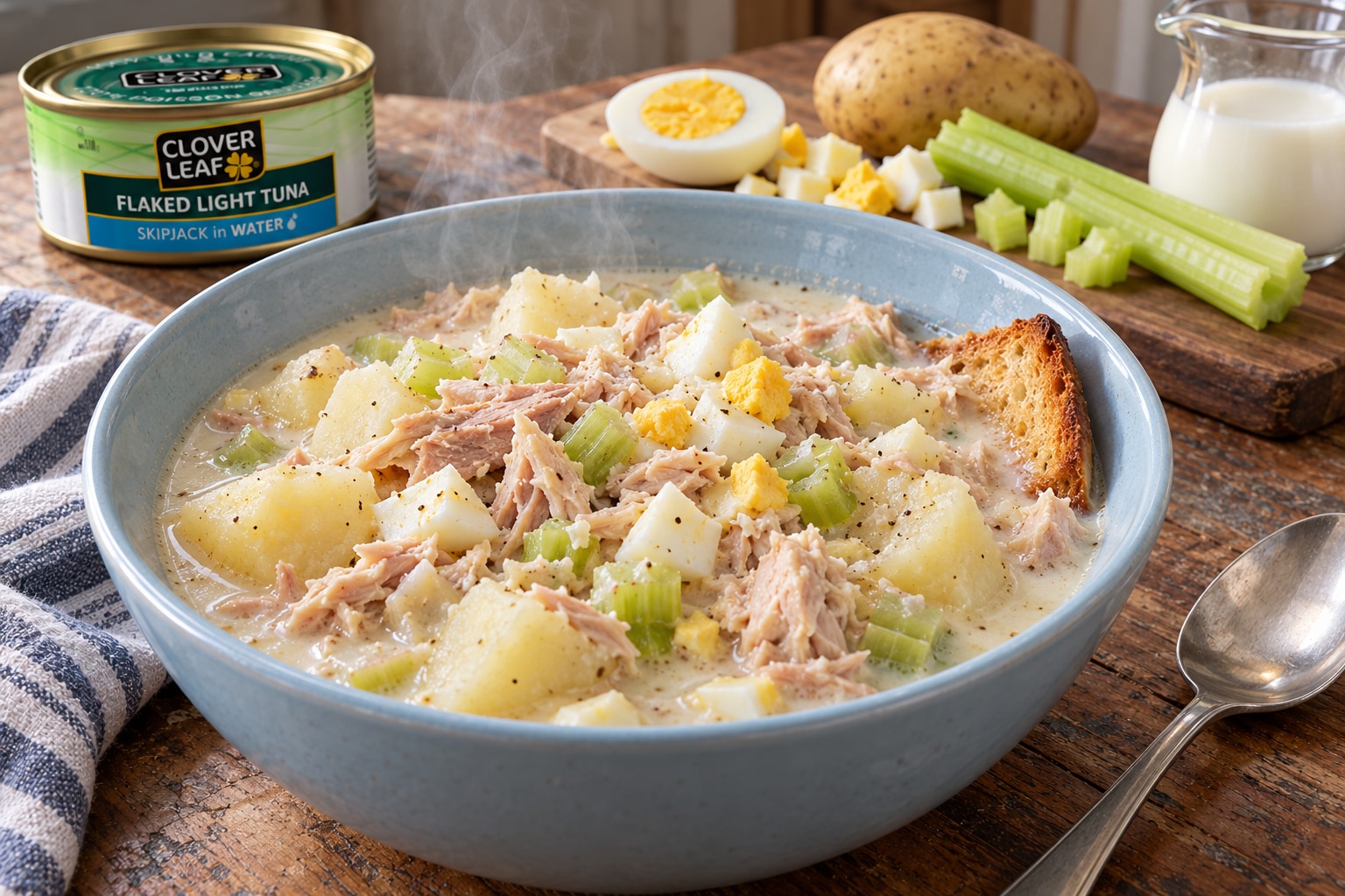 Creamy tuna stew with potatoes, celery, and hard-boiled egg, served with toast