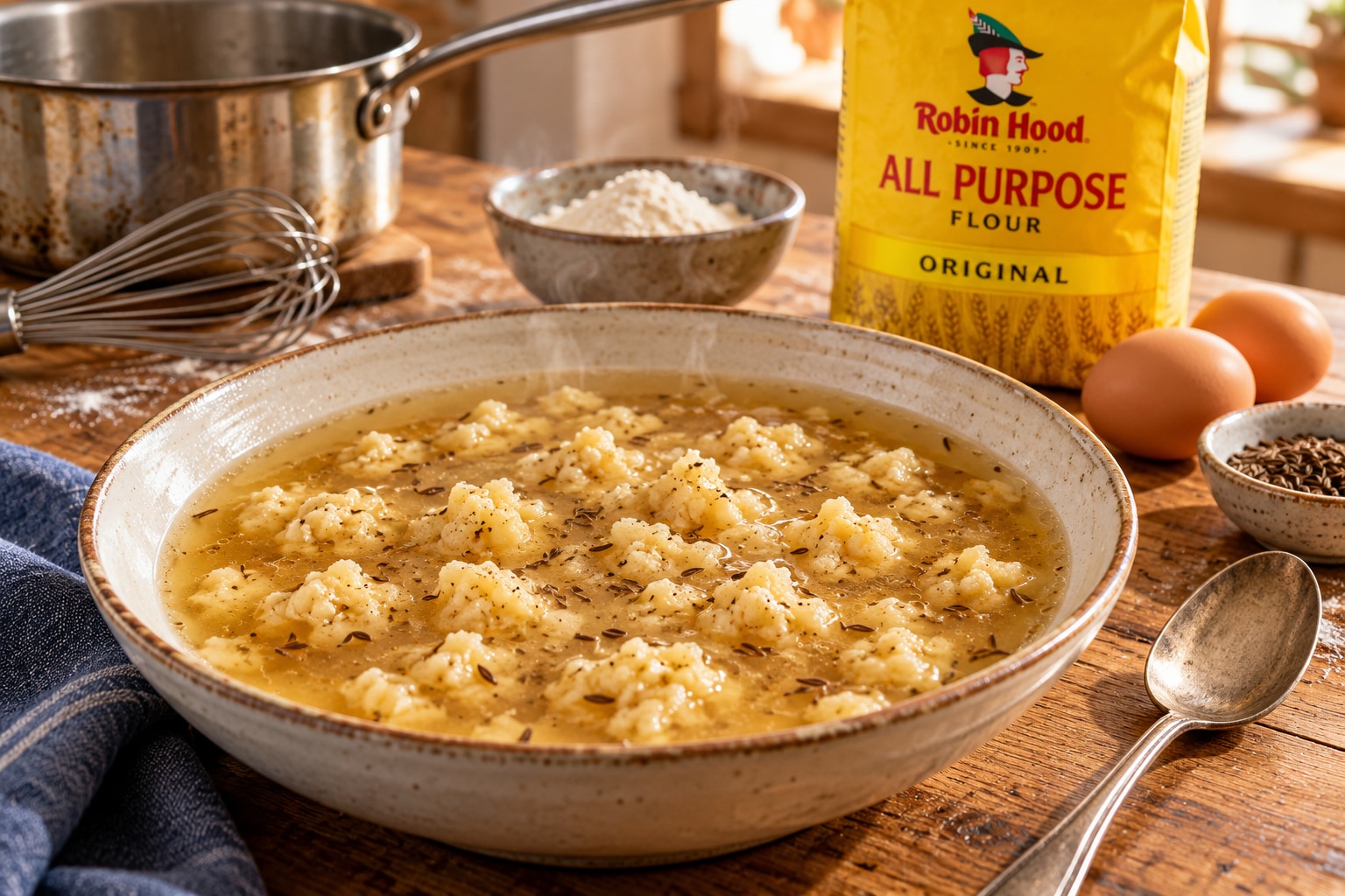 Zaprezna soup with golden caraway broth and egg-and-flour dumplings